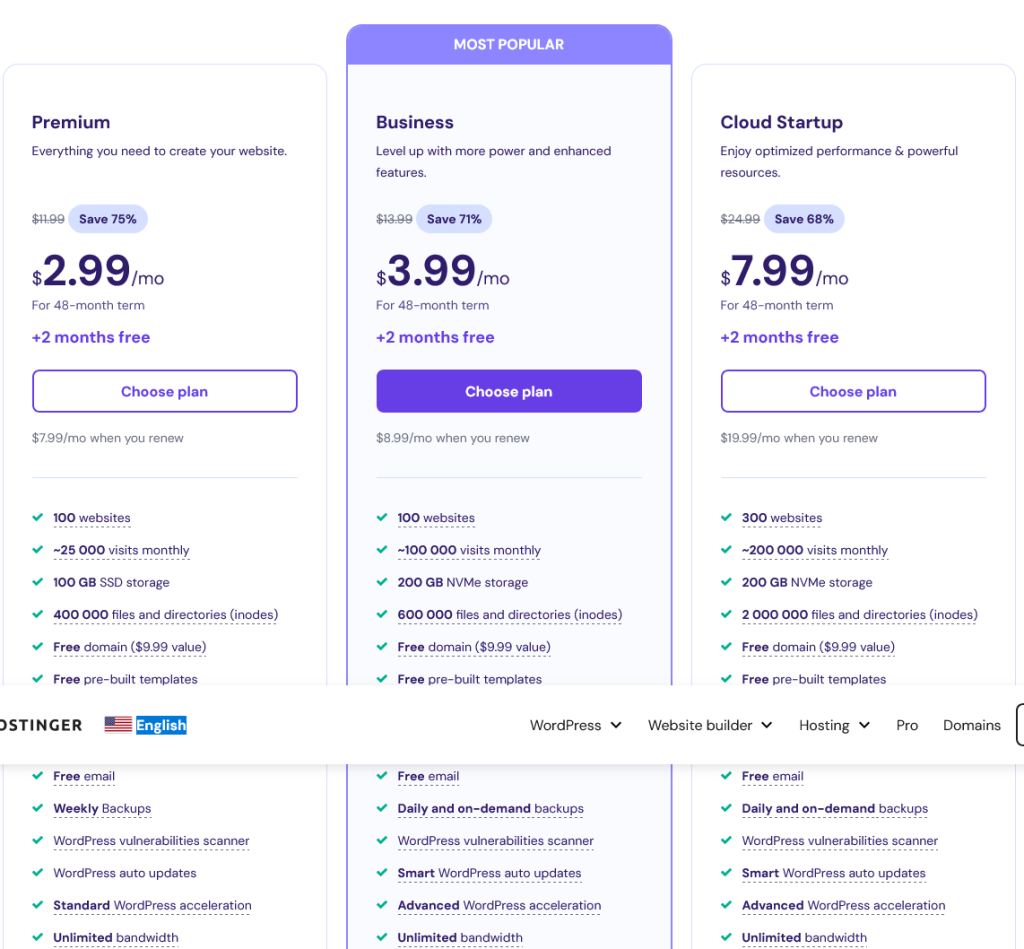 Hostinger offers three hosting plans including Premium, Business, and Cloud Startup.